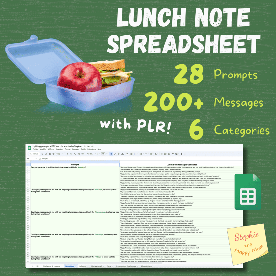 A blue lunch box, an apple, a sandwich and a preview of a spreadsheet with sweet messages to enhance a kid's day.