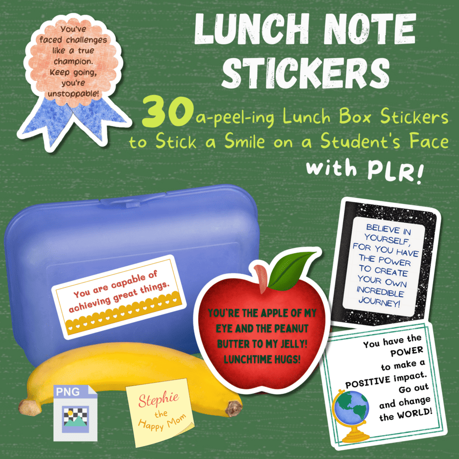 A blue lunch box, an apple, a banana and a preview of empowering stickers to enhance a kid's day.