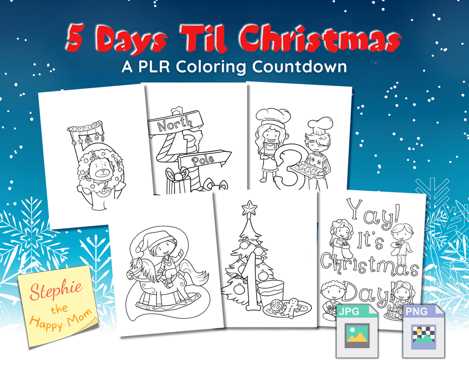 Coloring pages with Christmas theme, featuring illustrations of a North Pole sign, children, a Christmas tree, and "Yay! It's Christmas Day" text.