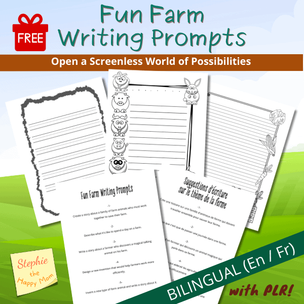 A display of bilingual English and French farm-themed writing prompt sheets, illustrated with animal graphics. The text promotes "Fun Farm Writing Prompts" and is labeled "FREE" with PLR availability.