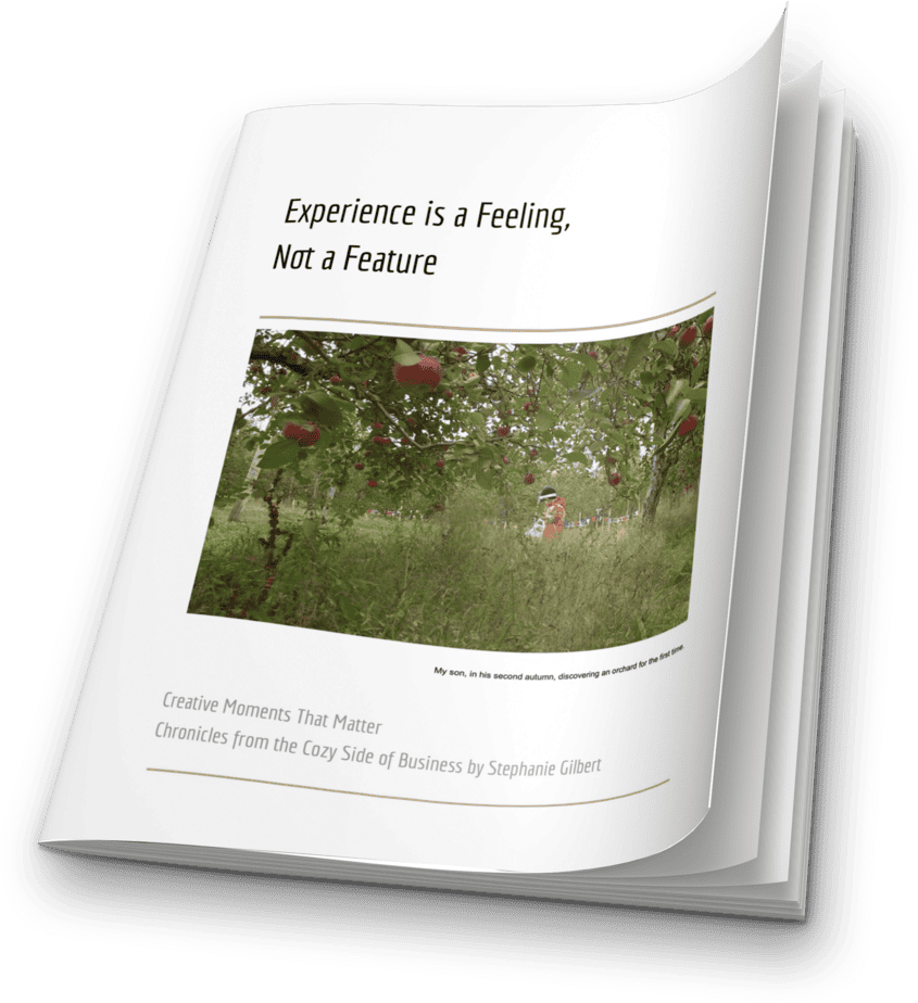 Open magazine showing a cover with the title "Experience is a Feeling, Not a Feature," a photo of a person in an orchard, and text by Stephanie Gilbert.