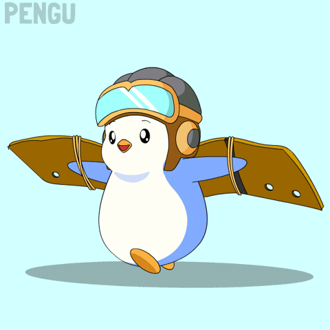 Animated penguin wearing a helmet and goggles uses wooden wings to pretend to fly, with "PENGU" written in the top left corner.