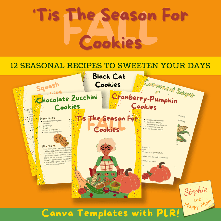 Image of a fall-themed recipe collection called "'Tis The Season For Fall Cookies" with illustrated recipe cards, autumn vegetables, and a smiling grandmother on the cover.