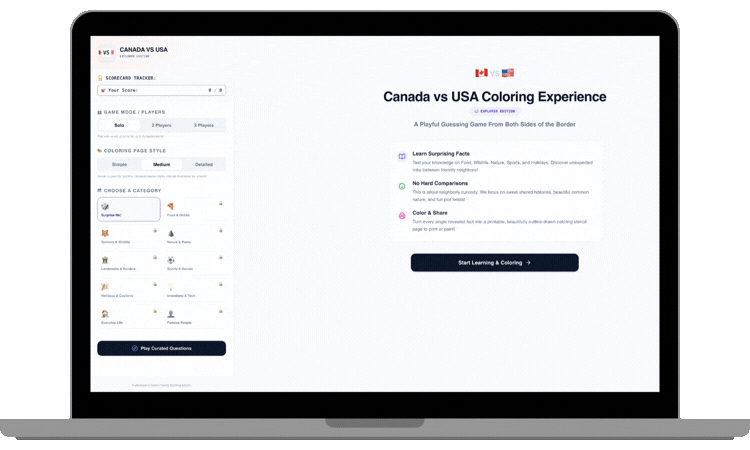 Canada vs USA Coloring Experience in action: guessing, reveal, and coloring page generation
