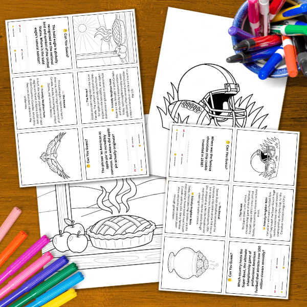Canada vs USA Pocket Edition sample pages showing questions, reveals, and coloring pages